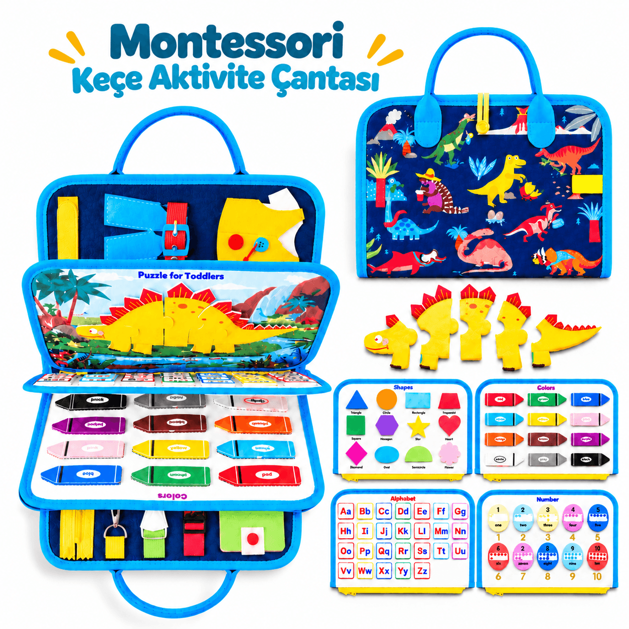 Montessori Keçe Busy Board -Mavi Dinozor 8 sayfa Aktivite Çantası 
