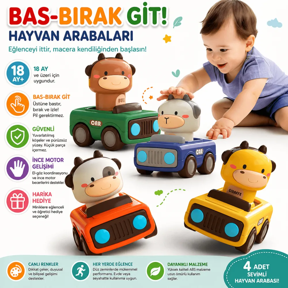 Hayvan Figürlü Bas-Bırak Git Araba | Eğitici | 4'lü set