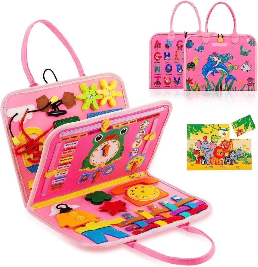 Montessori Keçe Busy Board – Pembe | 4 Sayfa Eğitim ve Aktivite Çantası