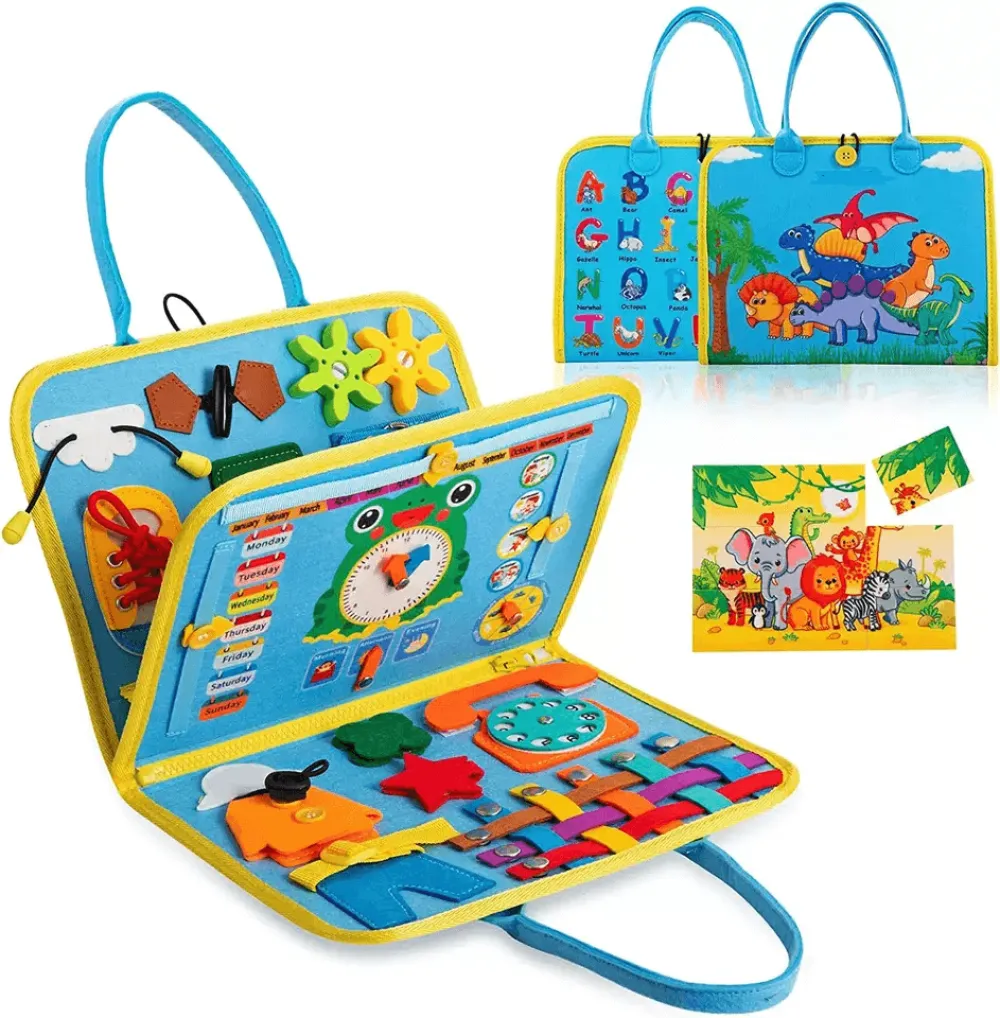 Montessori Keçe Busy Board – Mavi | 4 Sayfa Eğitim ve Aktivite Çantası