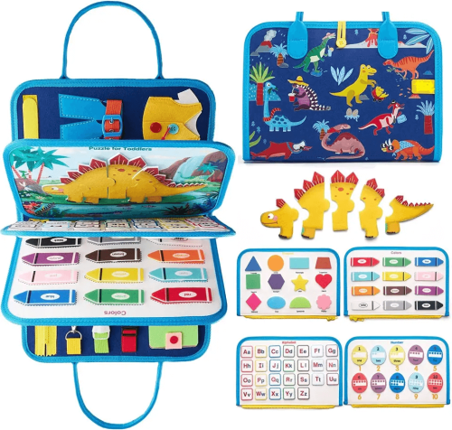 Montessori Keçe Eğitim Çantası Busy Board- Mavi Dinazor 8 Sayfa