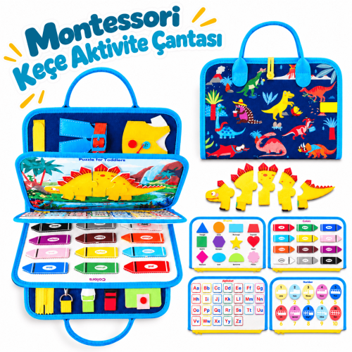 Montessori Keçe Busy Board -Mavi Dinozor 8 sayfa Aktivite Çantası 