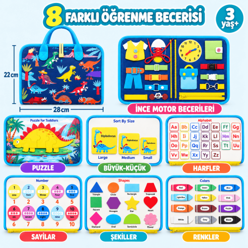 Montessori Keçe Busy Board -Mavi Dinozor 8 sayfa Aktivite Çantası 
