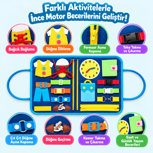 Montessori Keçe Busy Board -Mavi Dinozor 8 sayfa Aktivite Çantası 