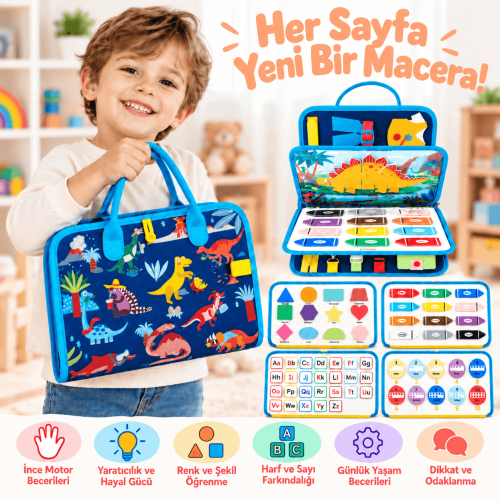 Montessori Keçe Busy Board -Mavi Dinozor 8 sayfa Aktivite Çantası 