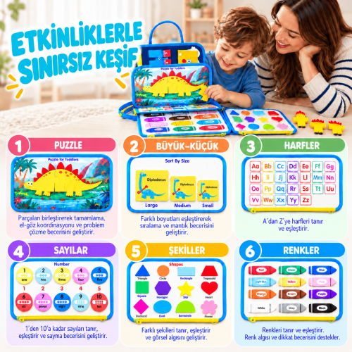 Montessori Keçe Busy Board -Mavi Dinozor 8 sayfa Aktivite Çantası 