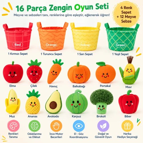 Montessori Meyve Sebze Renk Eşleştirme Duyusal Bebek Oyuncağı – 16 Parça | RBKDS301