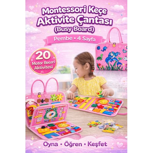 Montessori Keçe Busy Board – Pembe Deniz Kızı 4 Sayfa Aktivite Çantası