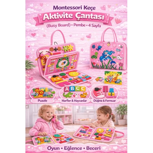 Montessori Keçe Busy Board – Pembe Deniz Kızı 4 Sayfa Aktivite Çantası